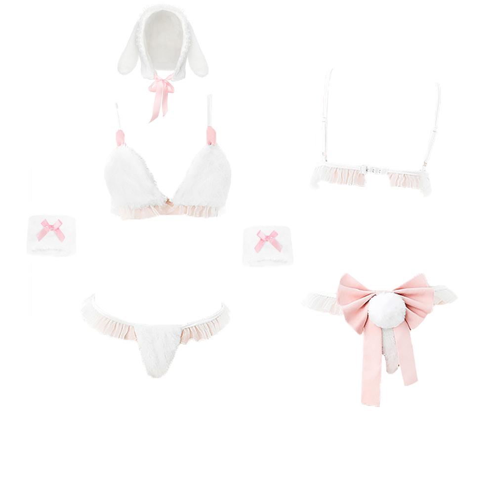 Furry Bunny Lingerie White Lace Ruffle Bra Set with Rabbit Ear Hat Sexy Christmas Costume blesssafe