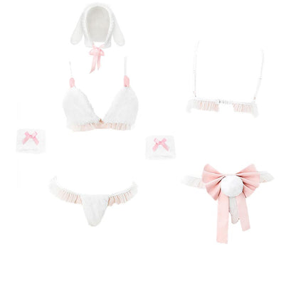 Furry Bunny Lingerie White Lace Ruffle Bra Set with Rabbit Ear Hat Sexy Christmas Costume blesssafe