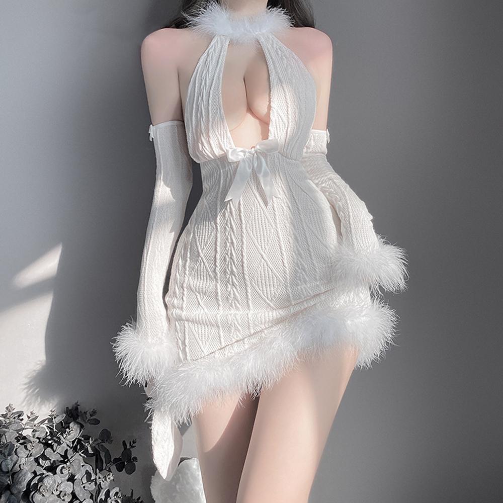 Furry Bodycon Lingerie Dress with Bunny Ear Halter V Neck Backless Sweater Dress blesssafe