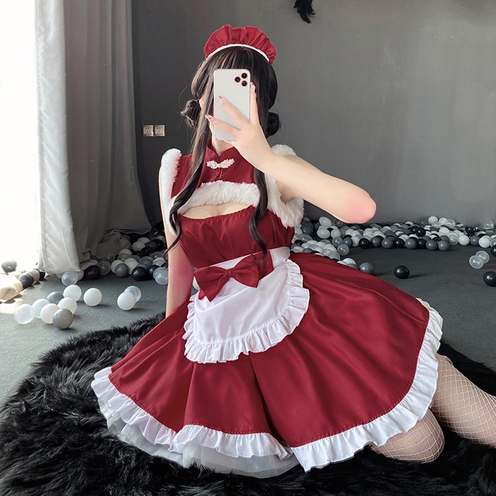 Red Sleeveless Elf Lolita Maid Cosplay Dress Set Blesssafe