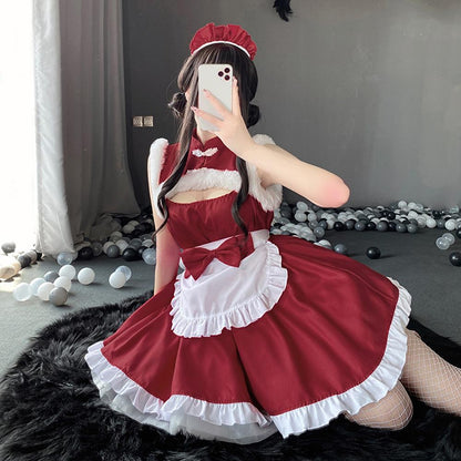 Red Sleeveless Elf Lolita Maid Cosplay Dress Set Blesssafe