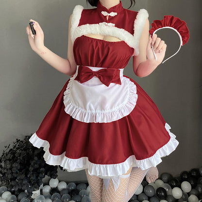 Red Sleeveless Elf Lolita Maid Cosplay Dress Set Blesssafe