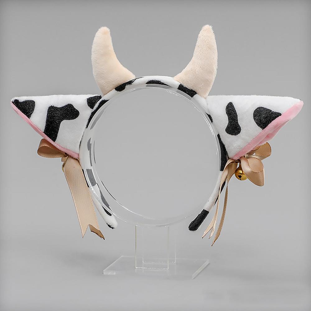 Cow Ears Headband Cow Horns Hair Hoop with Ribbon Bow Bells for Animal Cosplay Party Blesssafe