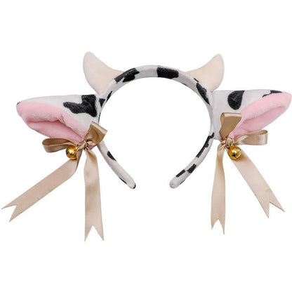 Cow Ears Headband Cow Horns Hair Hoop with Ribbon Bow Bells for Animal Cosplay Party Blesssafe