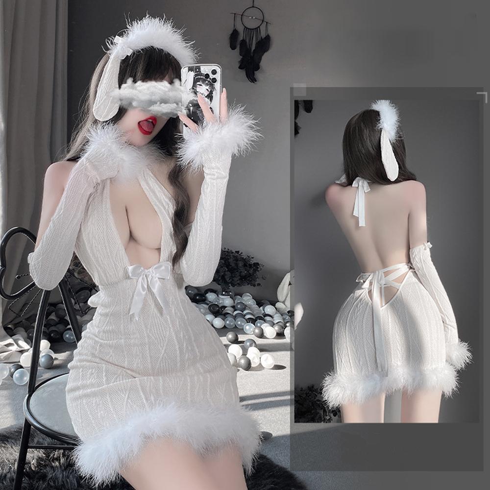Furry Bodycon Lingerie Dress with Bunny Ear Halter V Neck Backless Sweater Dress blesssafe