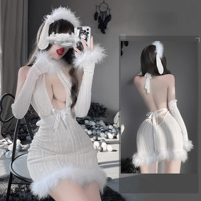 Furry Bodycon Lingerie Dress with Bunny Ear Halter V Neck Backless Sweater Dress blesssafe