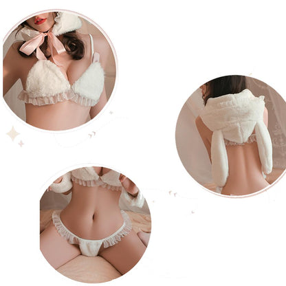 Furry Bunny Lingerie White Lace Ruffle Bra Set with Rabbit Ear Hat Sexy Christmas Costume blesssafe