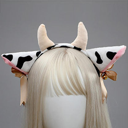 Cow Ears Headband Cow Horns Hair Hoop with Ribbon Bow Bells for Animal Cosplay Party Blesssafe