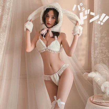 Furry Bunny Lingerie White Lace Ruffle Bra Set with Rabbit Ear Hat Sexy Christmas Costume blesssafe