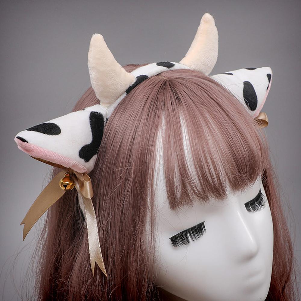 Cow Ears Headband Cow Horns Hair Hoop with Ribbon Bow Bells for Animal Cosplay Party Blesssafe