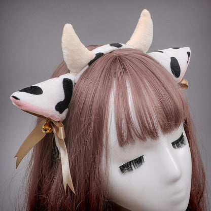 Cow Ears Headband Cow Horns Hair Hoop with Ribbon Bow Bells for Animal Cosplay Party Blesssafe