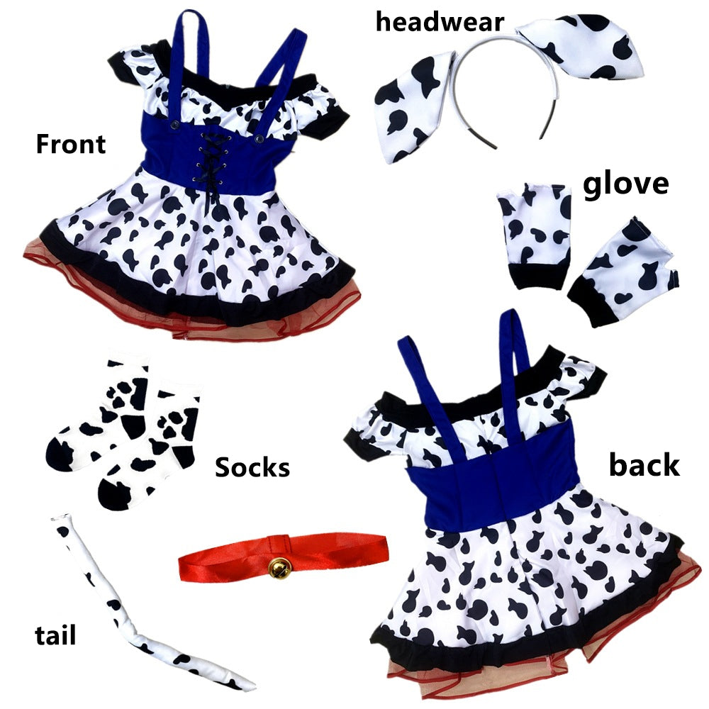 Kawaii Cow Lolita Costume Cute Cold Shoulder Cow Print Lace Up Corset Waist Dress Blesssafe