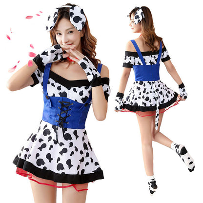 Kawaii Cow Lolita Costume Cute Cold Shoulder Cow Print Lace Up Corset Waist Dress Blesssafe