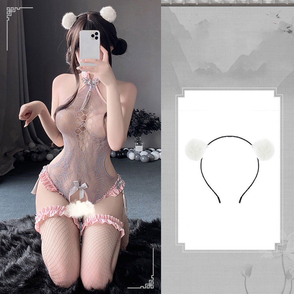 Lace Crotchless Teddy Chinese Style Sheer Mesh Bodysuit Lingerie Cut-Out Babydoll Nightie Blesssafe