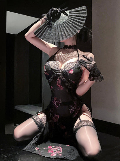 Lace Trim High Slit Cheongsam Dress - Sexy Chinese Style Teddy Blesssafe