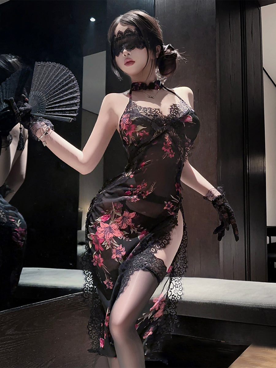 Lace Trim High Slit Cheongsam Dress - Sexy Chinese Style Teddy Blesssafe