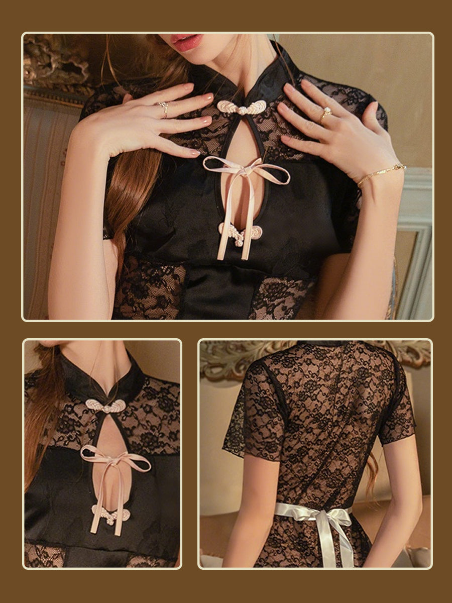 Lace Cheongsam Babydoll Dress - Sheer Transparent Chinese Gown Blesssafe