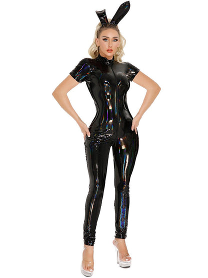 Latex Bunny Short Sleeve Jumpsuit - Shiny Wet Look Catsuit blesssafe