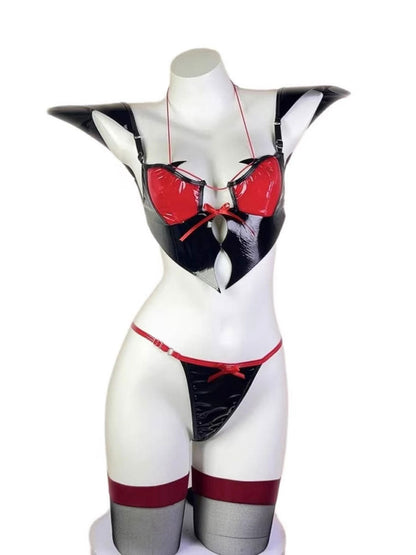 Black Latex Lingerie Angel Devil Cosplay Set