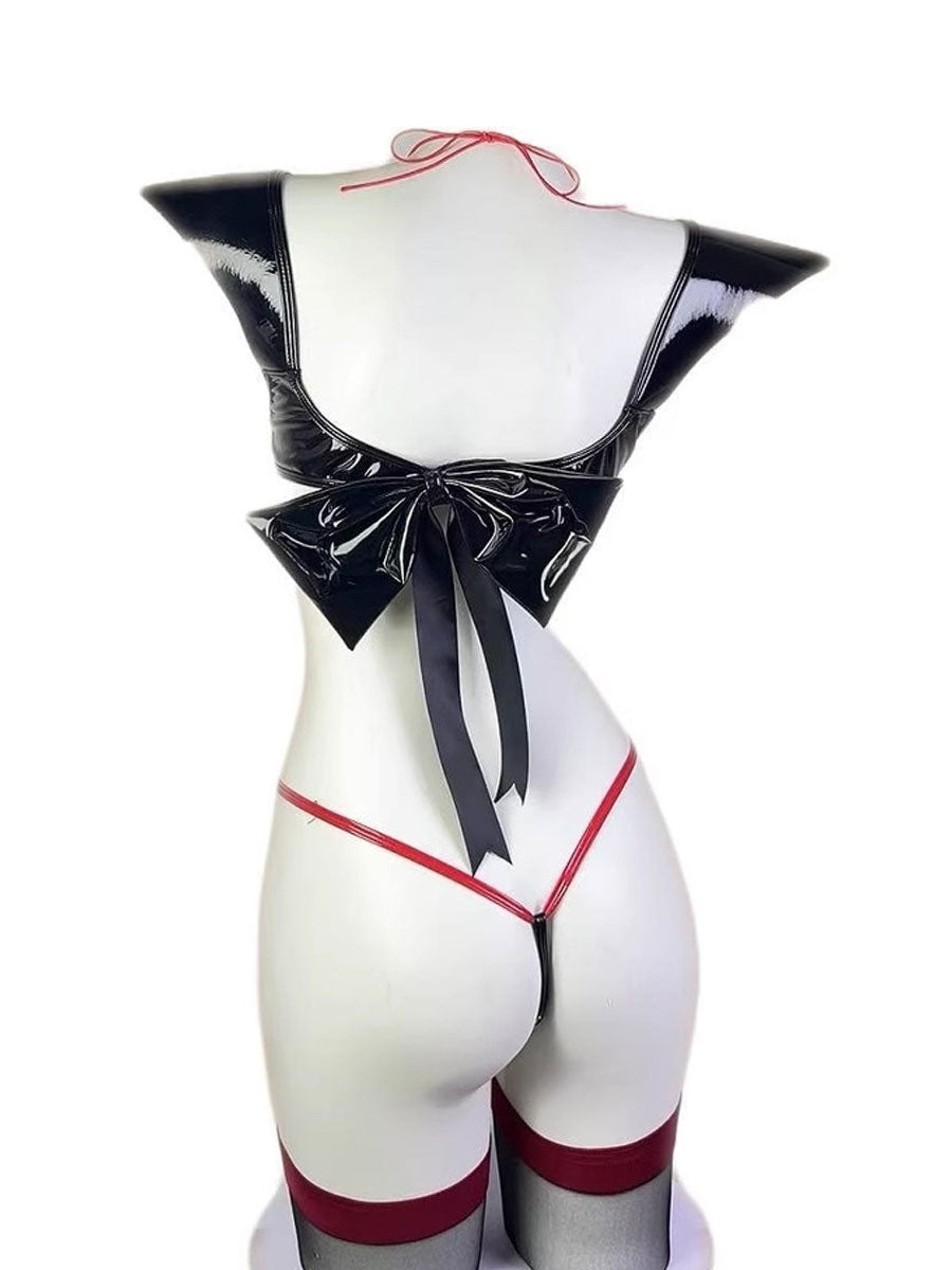 Black Latex Lingerie Angel Devil Cosplay Set