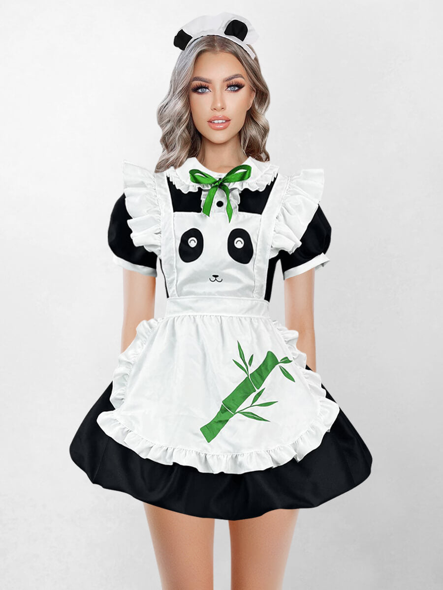Plus Size Panda Printed French Maid Cosplay Dress Uniform Blesssafe