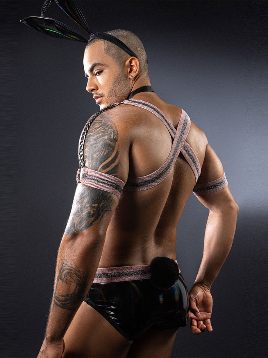 Men's Glossy Bunny Costume - Sexy Male Faux Leather Bodysuit blesssafe