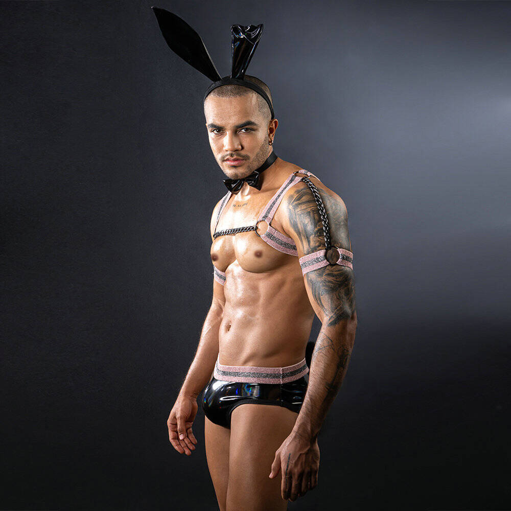 Men's Glossy Bunny Costume - Sexy Male Faux Leather Bodysuit blesssafe