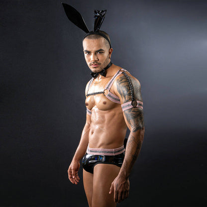 Men's Glossy Bunny Costume - Sexy Male Faux Leather Bodysuit blesssafe