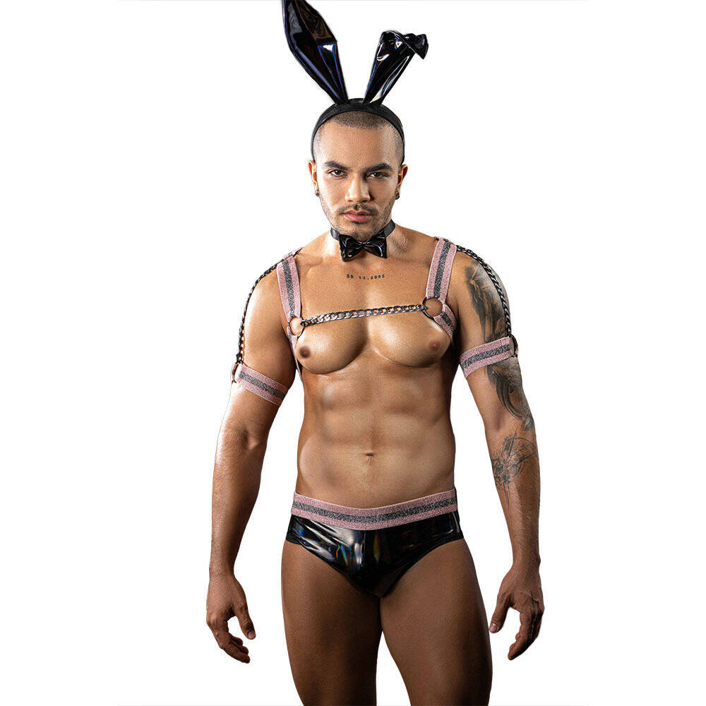 Men's Glossy Bunny Costume - Sexy Male Faux Leather Bodysuit blesssafe