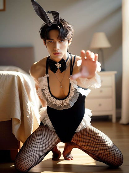 Men's Velvet Bunny Suit Lingerie Funny Sexy Male Rabbit Costume Set blesssafe