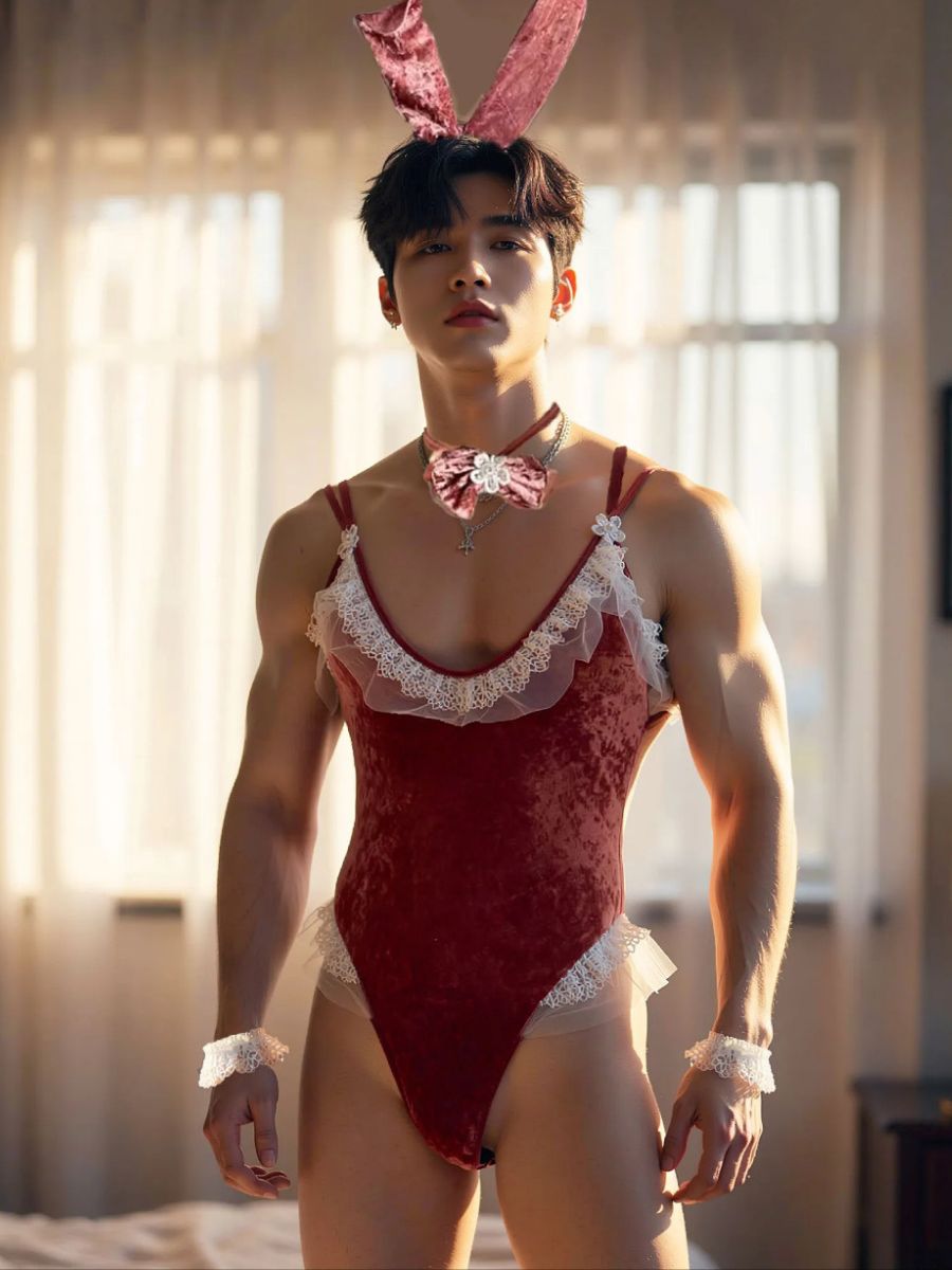 Men's Velvet Bunny Suit Lingerie Funny Sexy Male Rabbit Costume Set blesssafe