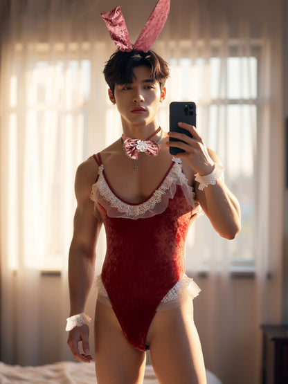 Men's Velvet Bunny Suit Lingerie Funny Sexy Male Rabbit Costume Set blesssafe