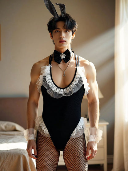 Men's Velvet Bunny Suit Lingerie Funny Sexy Male Rabbit Costume Set blesssafe