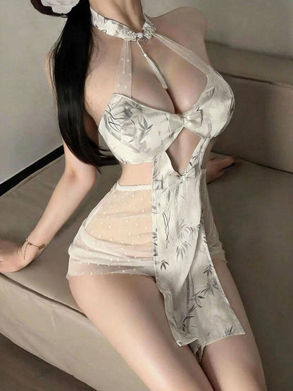 Modern Bamboo Print Cheongsam Dress - Elegant Slit Chinese Qipao Blesssafe