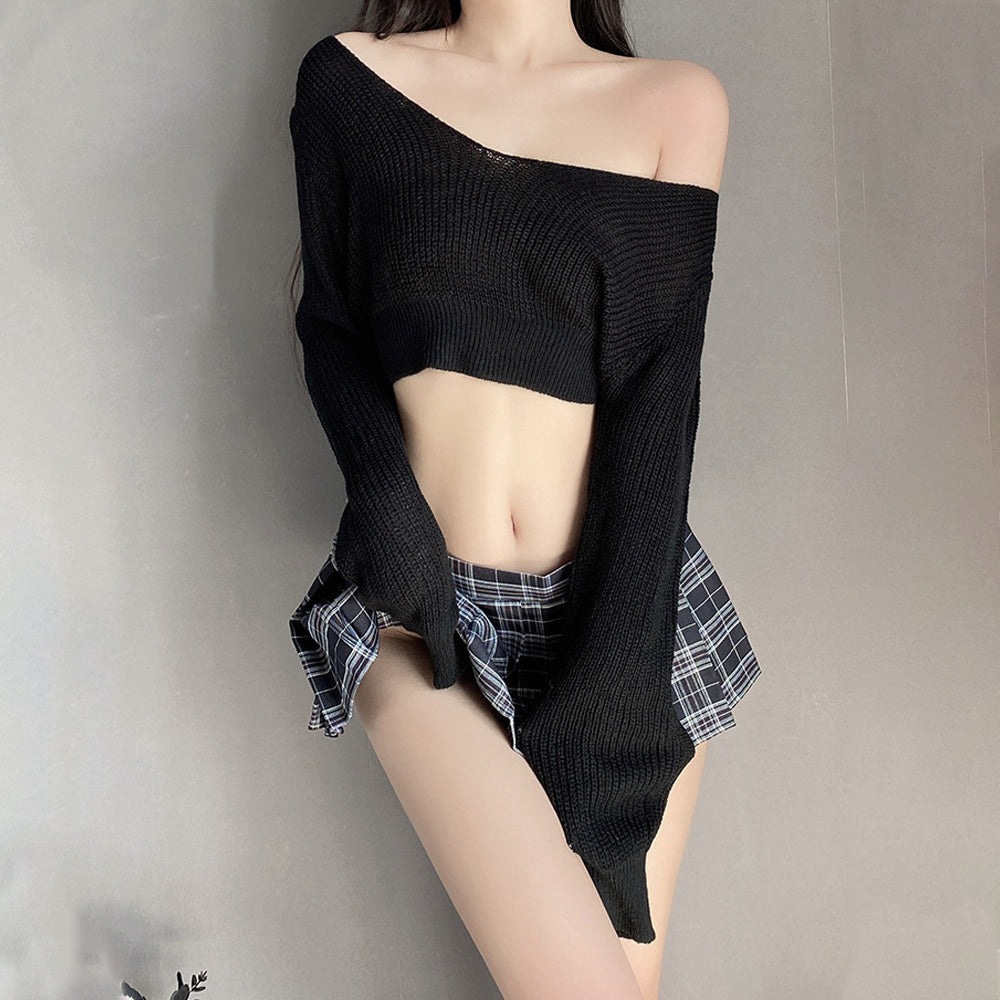 Ribbed Knit Top W/ Plaid Mini Skirt - Cozy Anime Student Set Blesssafe