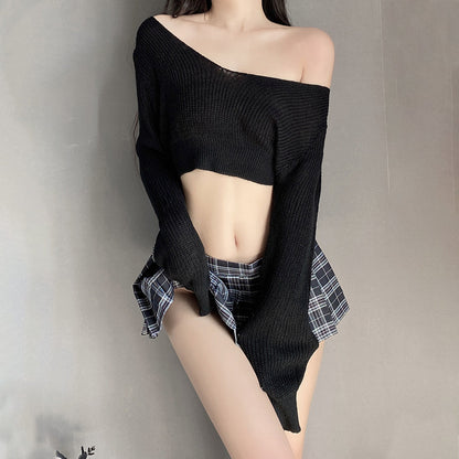 Ribbed Knit Top W/ Plaid Mini Skirt - Cozy Anime Student Set Blesssafe