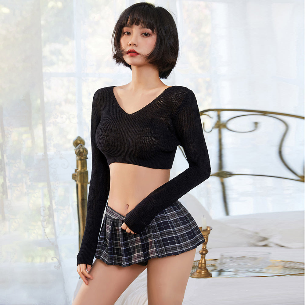 Ribbed Knit Top W/ Plaid Mini Skirt - Cozy Anime Student Set Blesssafe