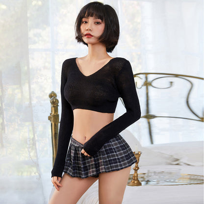 Ribbed Knit Top W/ Plaid Mini Skirt - Cozy Anime Student Set Blesssafe