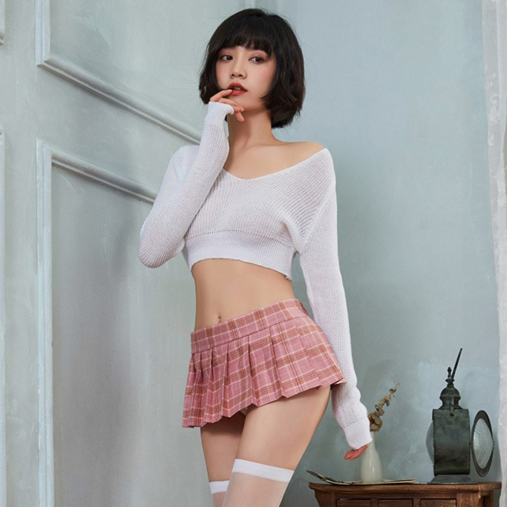 Ribbed Knit Top W/ Plaid Mini Skirt - Cozy Anime Student Set Blesssafe