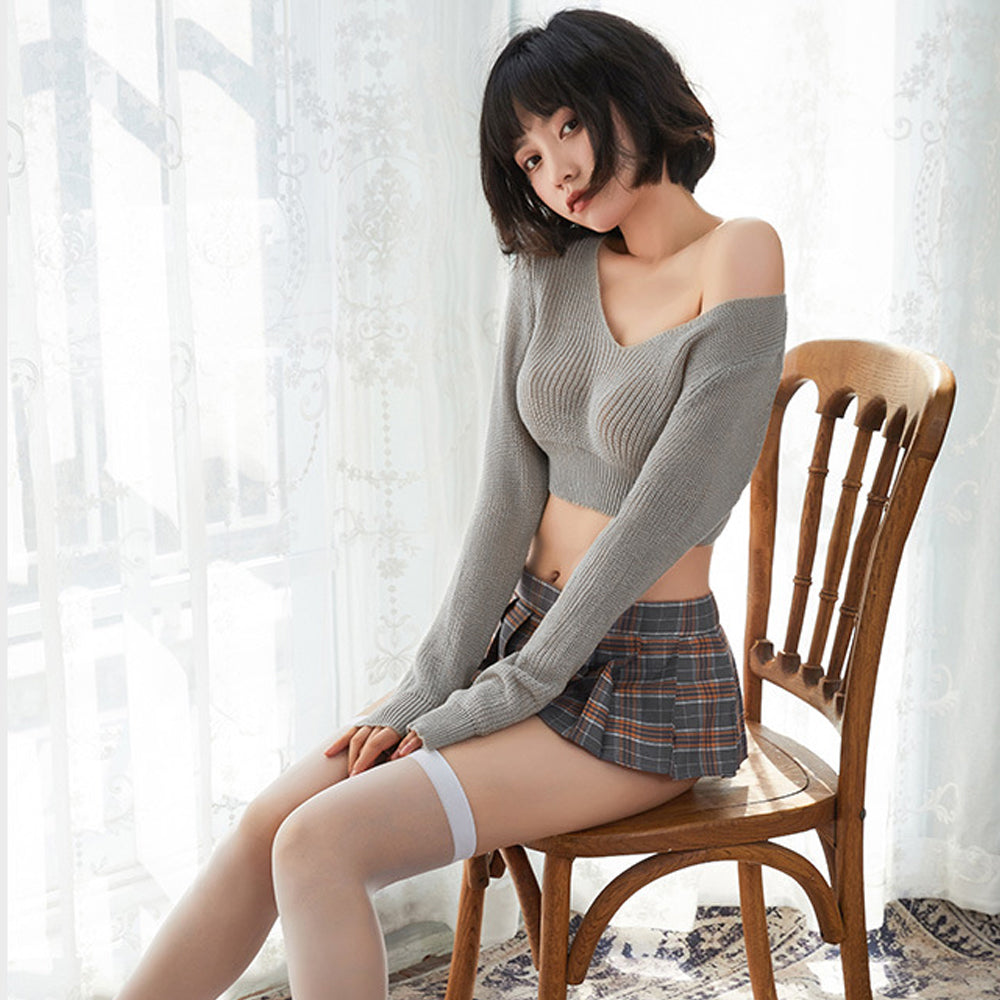 Ribbed Knit Top W/ Plaid Mini Skirt - Cozy Anime Student Set Blesssafe