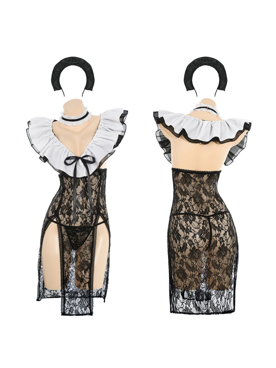 Naughty Maid Floral Lace Babydoll Dress Set Blesssafe