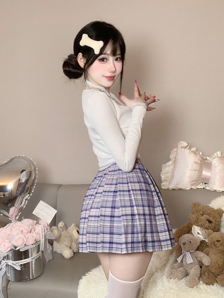Three-Piece Knit Top and Plaid Pleated Skirt - Anime Student Set Blesssafe