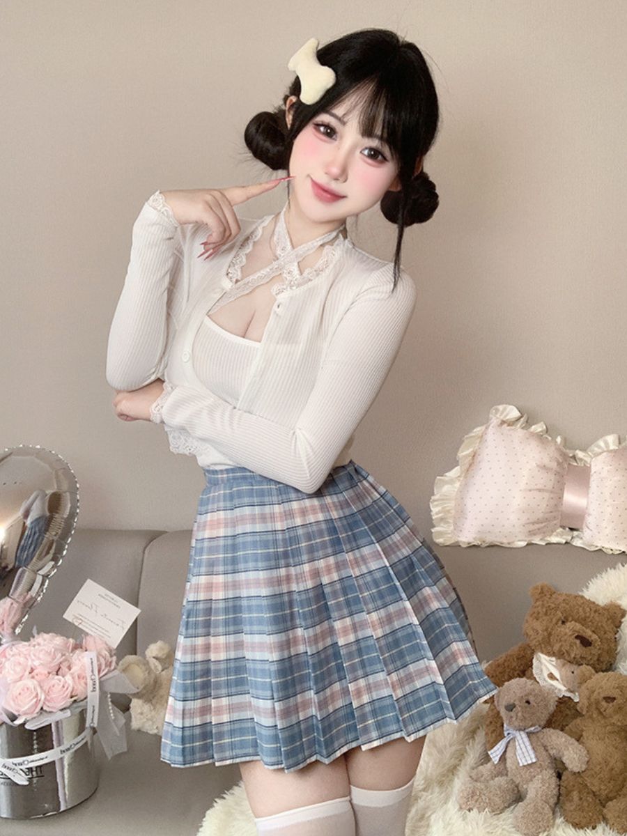 Three-Piece Knit Top and Plaid Pleated Skirt - Anime Student Set Blesssafe