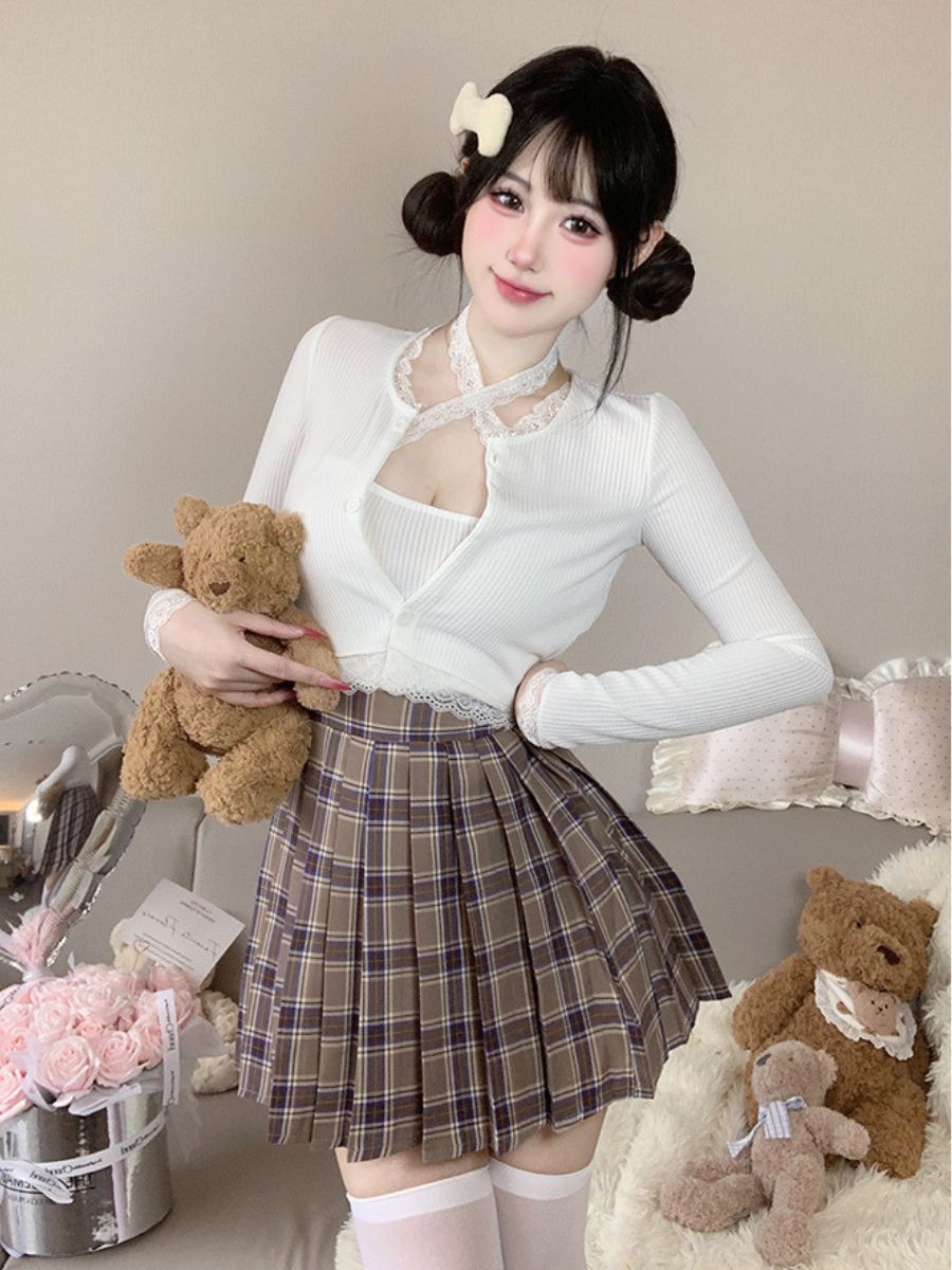 Three-Piece Knit Top and Plaid Pleated Skirt - Anime Student Set Blesssafe