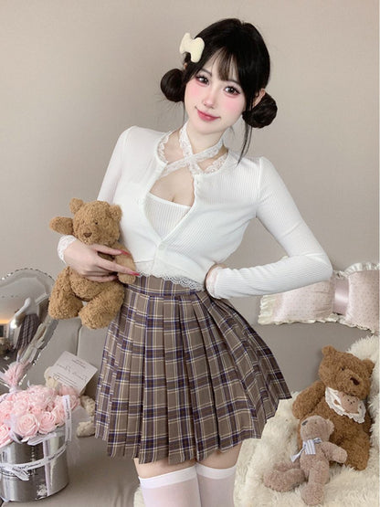 Three-Piece Knit Top and Plaid Pleated Skirt - Anime Student Set Blesssafe