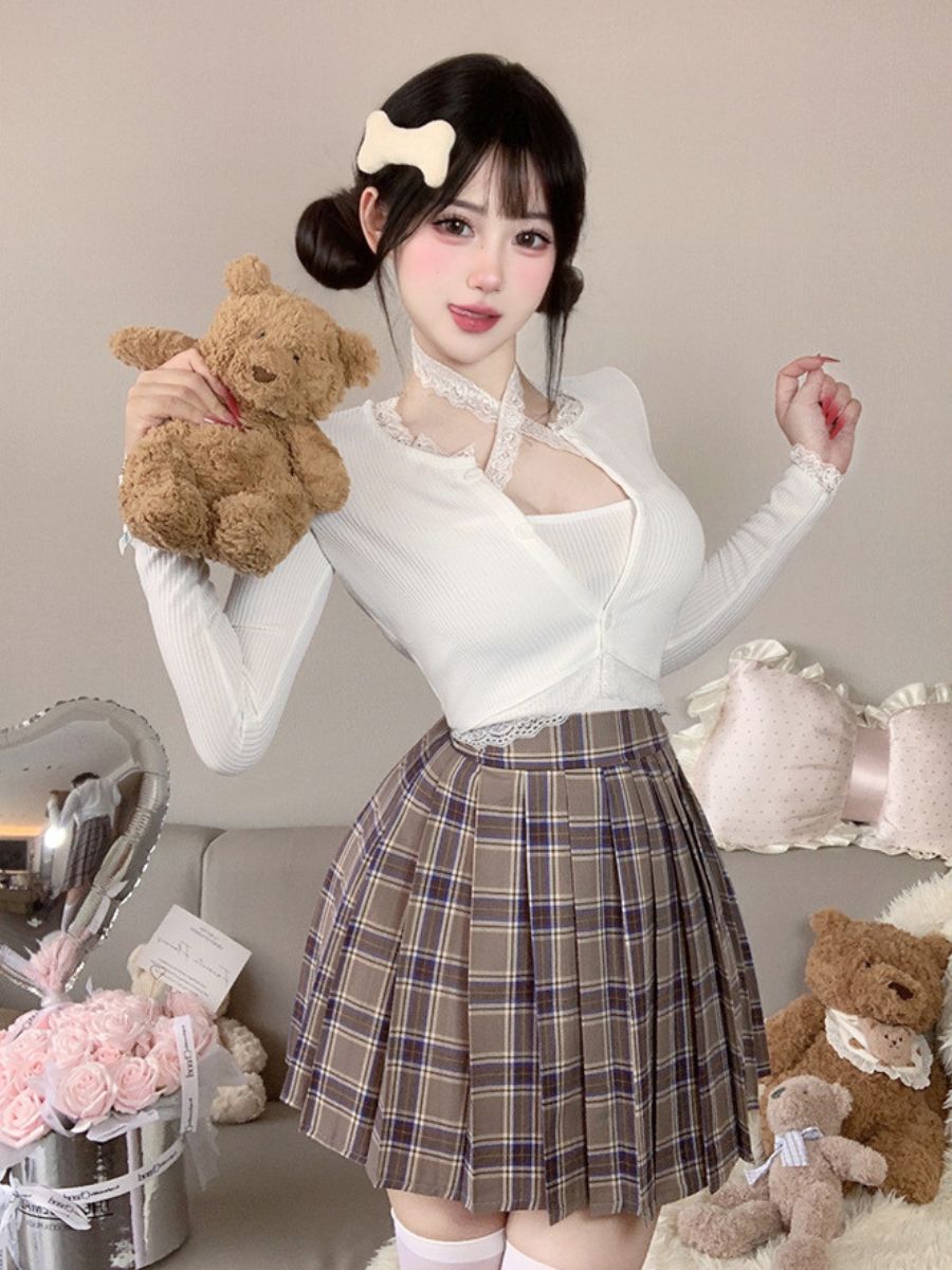 Three-Piece Knit Top and Plaid Pleated Skirt - Anime Student Set Blesssafe