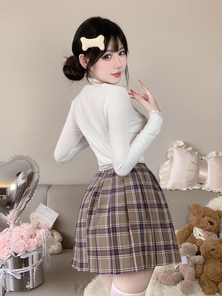 Three-Piece Knit Top and Plaid Pleated Skirt - Anime Student Set Blesssafe