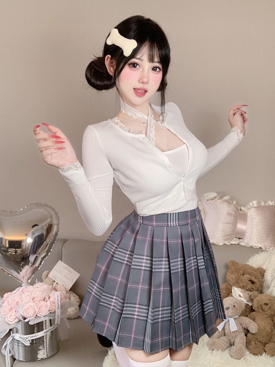 Three-Piece Knit Top and Plaid Pleated Skirt - Anime Student Set Blesssafe