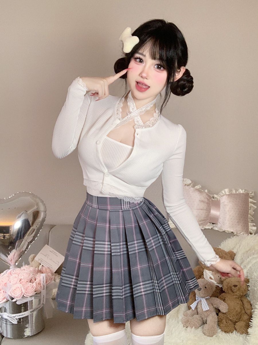 Three-Piece Knit Top and Plaid Pleated Skirt - Anime Student Set Blesssafe