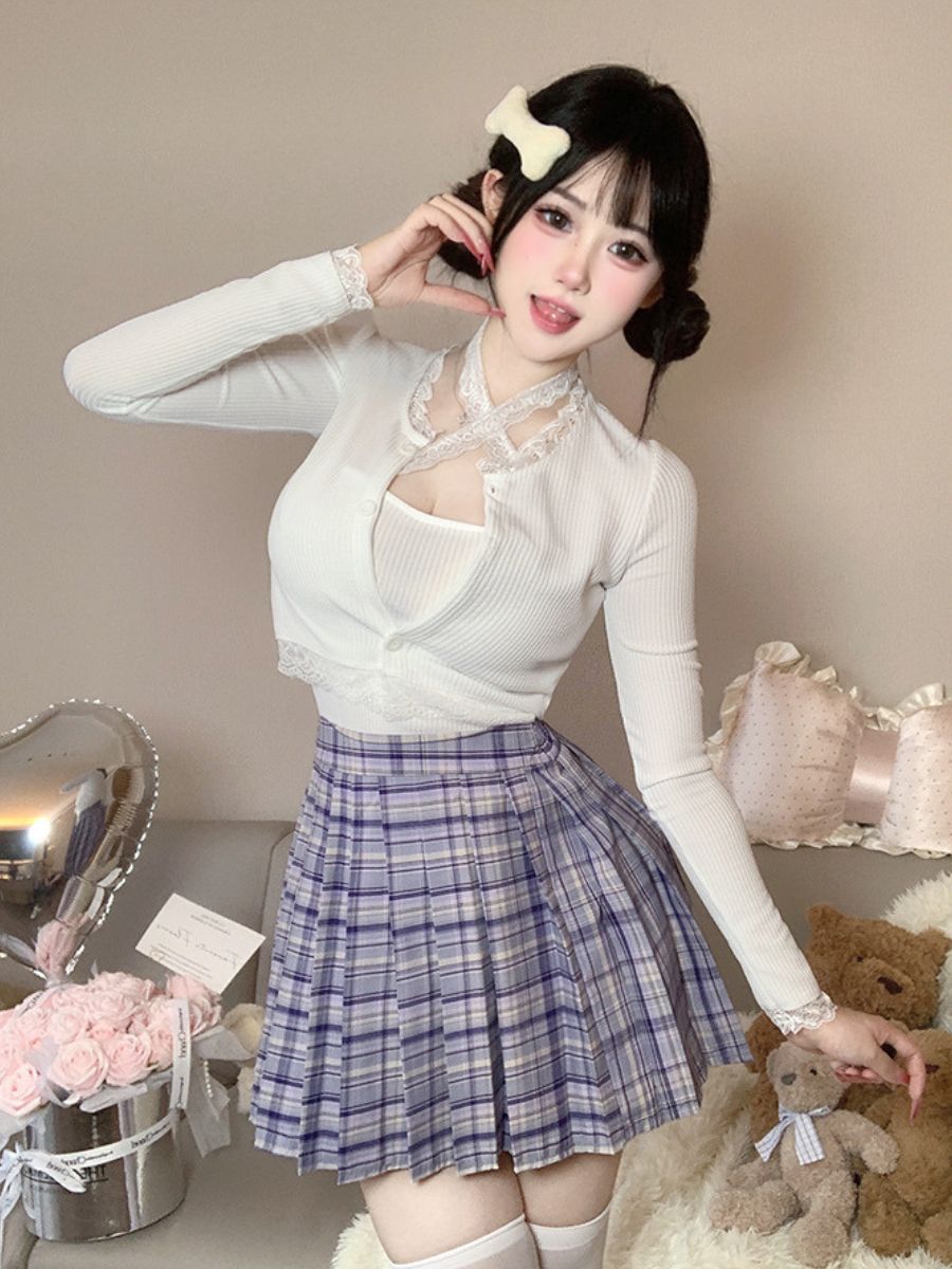 Three-Piece Knit Top and Plaid Pleated Skirt - Anime Student Set Blesssafe